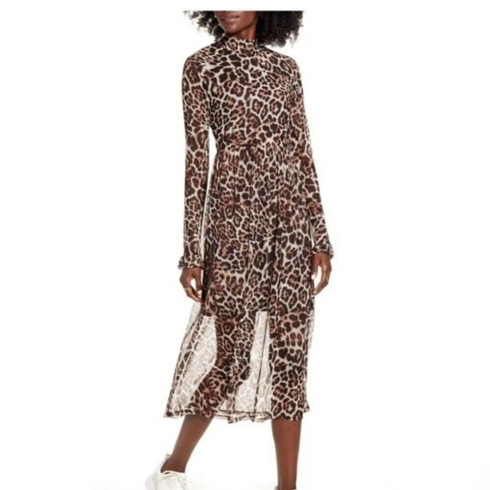 One ❤️ Clothing Leopard Print Mesh Midi Dress, Blk/Brn/Tan Size L, NWOT